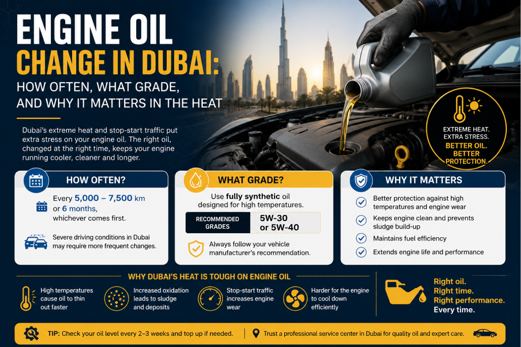 Engine oil change in Dubai: how often, what grade, and why it matters in the heat.