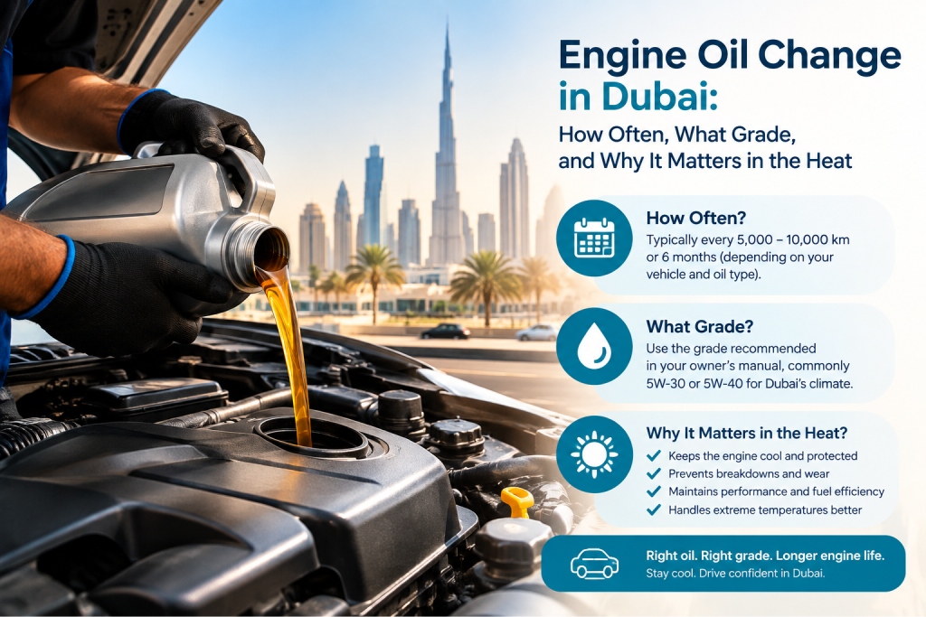 Engine oil change in Dubai: how often, what grade, and why it matters in the heat
